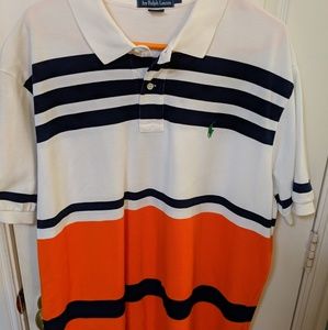 Vintage orange,black,and white striped polo
